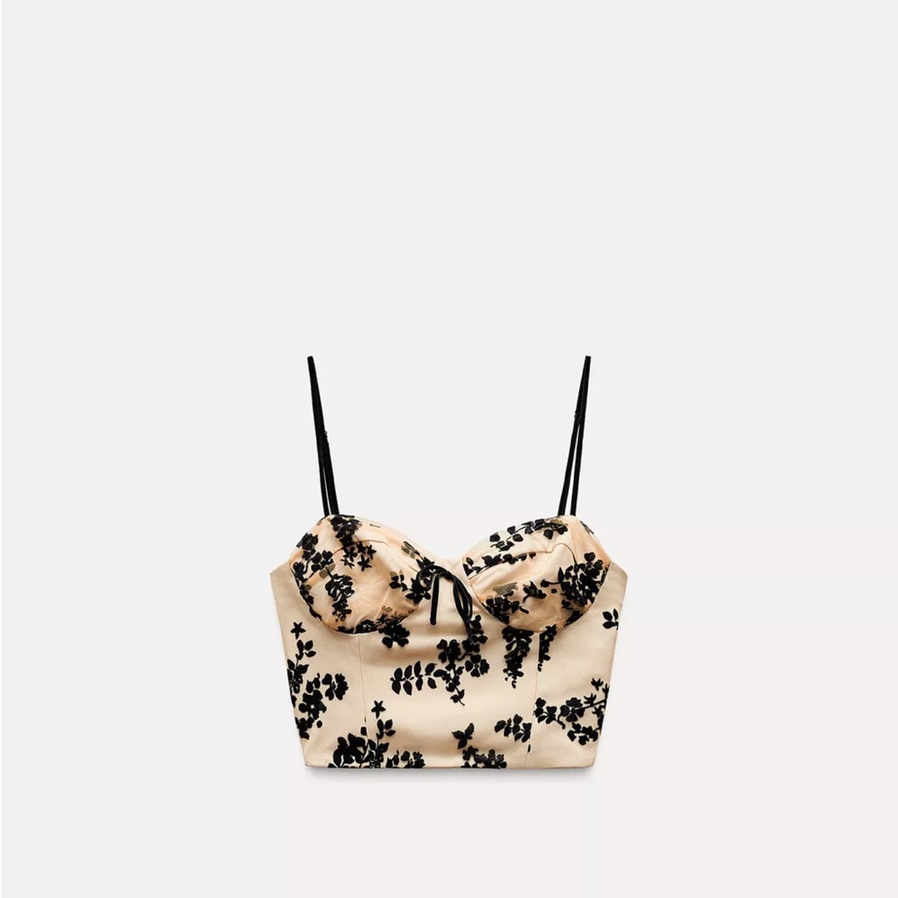 Floral Embroidered Beige and Black Women's Top